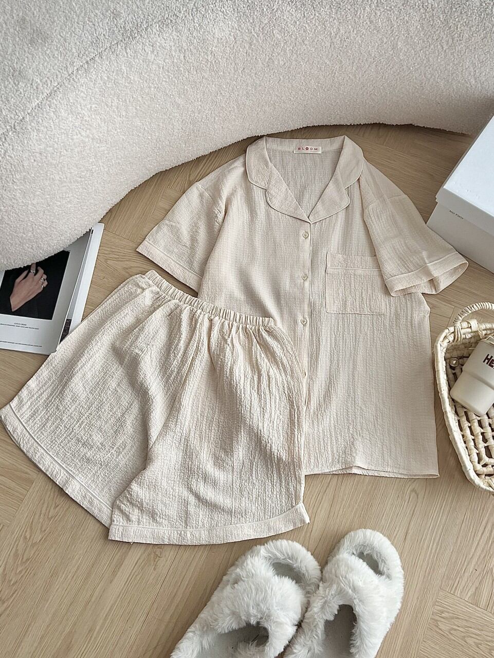 Sét bộ đùi pyjama xốp cổ vét