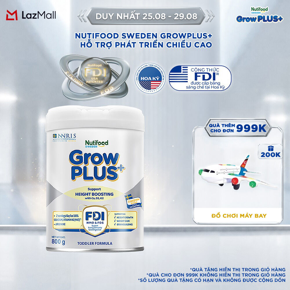 Sữa Bột Nutifood Sweden GrowPLUS+ Cao lớn vượt trội từ 1 - 2 tuổi (Bạc) 800g