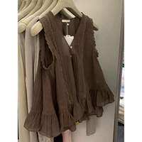 Loowmane | Áo Sơ Mi Slim V-Neck Tùng Xòe Phối Ren Vintage Pháp Không Tay