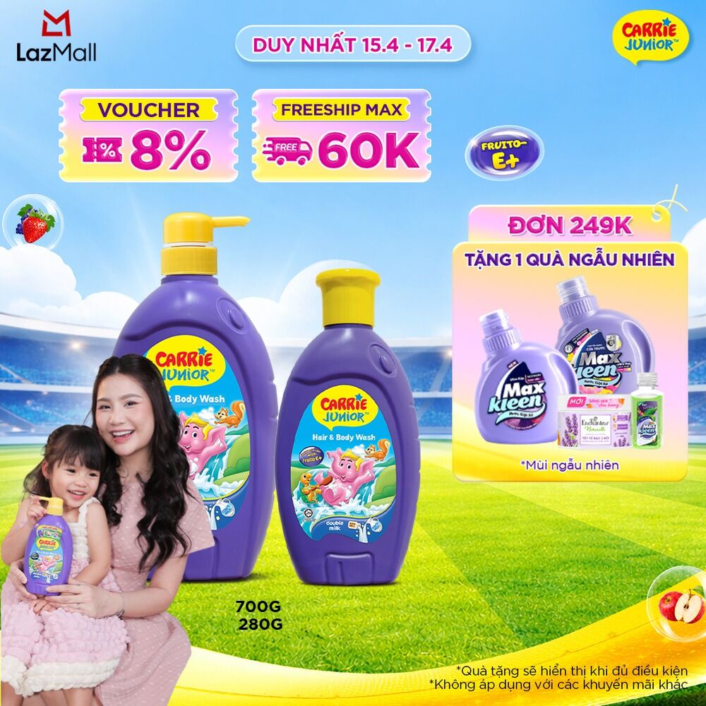 Combo Sữa Tắm Gội cho bé Carrie Junior chiết xuất trái cây thiên nhiên Tinh Chất Sữa 700g + 280g