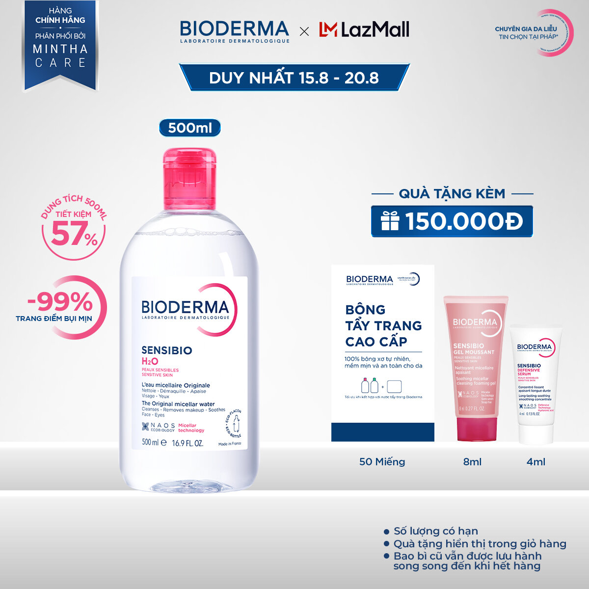 Dung dịch làm sạch và tẩy trang micellar cho da thường và da nhạy cảm Bioderma Sensibio H2O - 500ml
