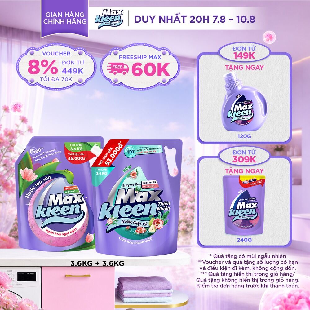 Combo Túi Nước Lau Sàn MaxKleen 3.6kg Ngàn hoa ngọt ngào + Túi Nước Giặt Xả MaxKleen 3.6kg/3.8kg (Hoa Nắng/Huyền Diêu/Vườn Sớm Mai/Thiên Nhiên)