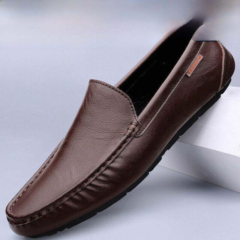 Giày Đế Bằng Da Thật Mùa Thu Đông Cho Nam Giày Lười Thường Ngày Thoáng Khí Dây Đeo Một Bước Giày Đế Bằng Mũi Tròn