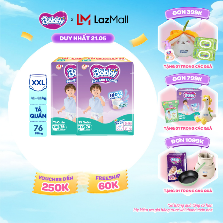 [SALE CUỐI THÁNG tặng QUÀ TO-SLCH] Combo 2 Tã/bỉm quần Bobby 3mm Mega Jumbo Siêu khô thoáng XXL76 [Bao bì thay đổi theo từng đợt nhập hàng]
