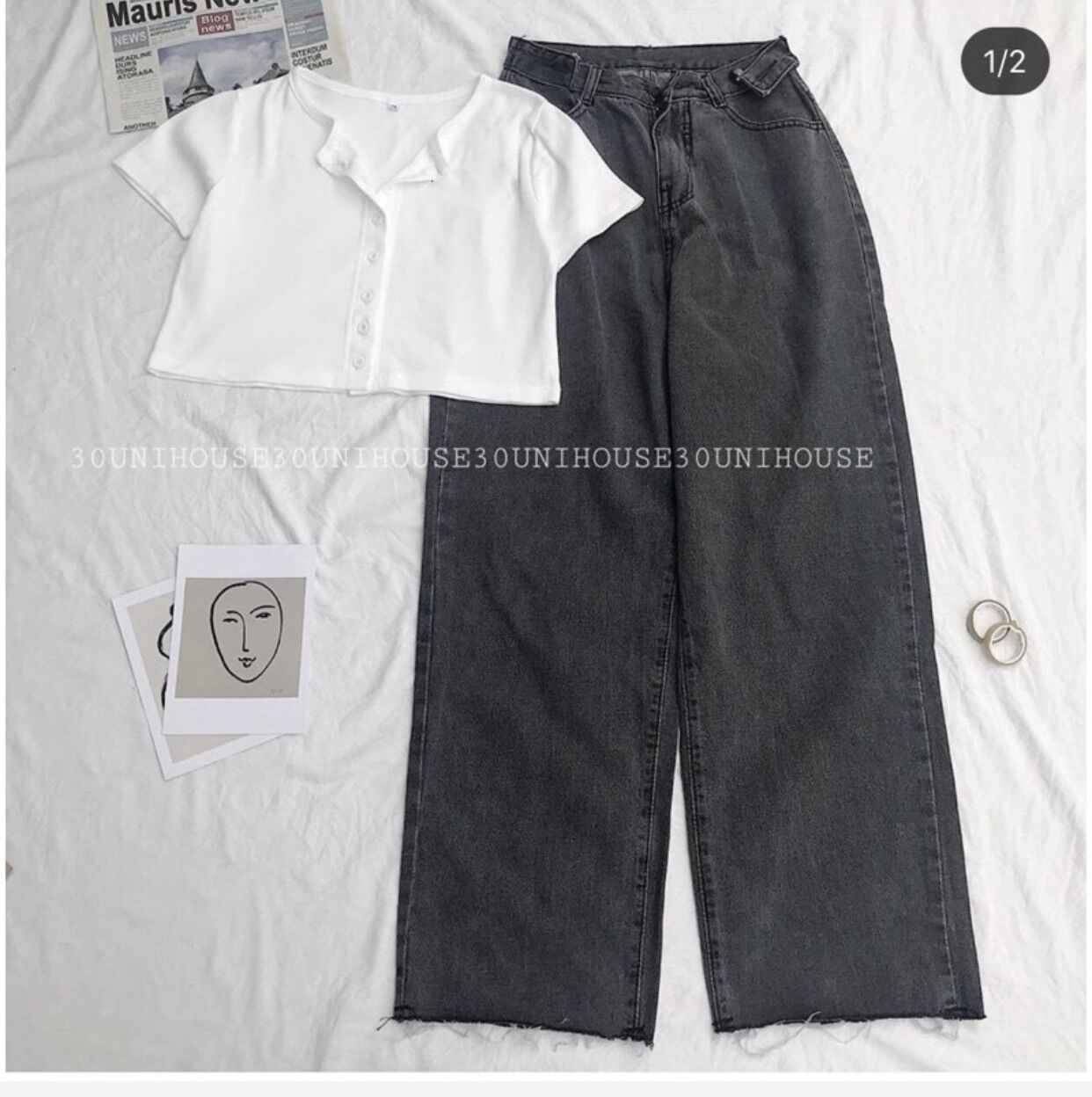 👉🏿set quần baggy jeans ống suông xám + crop nút trắng