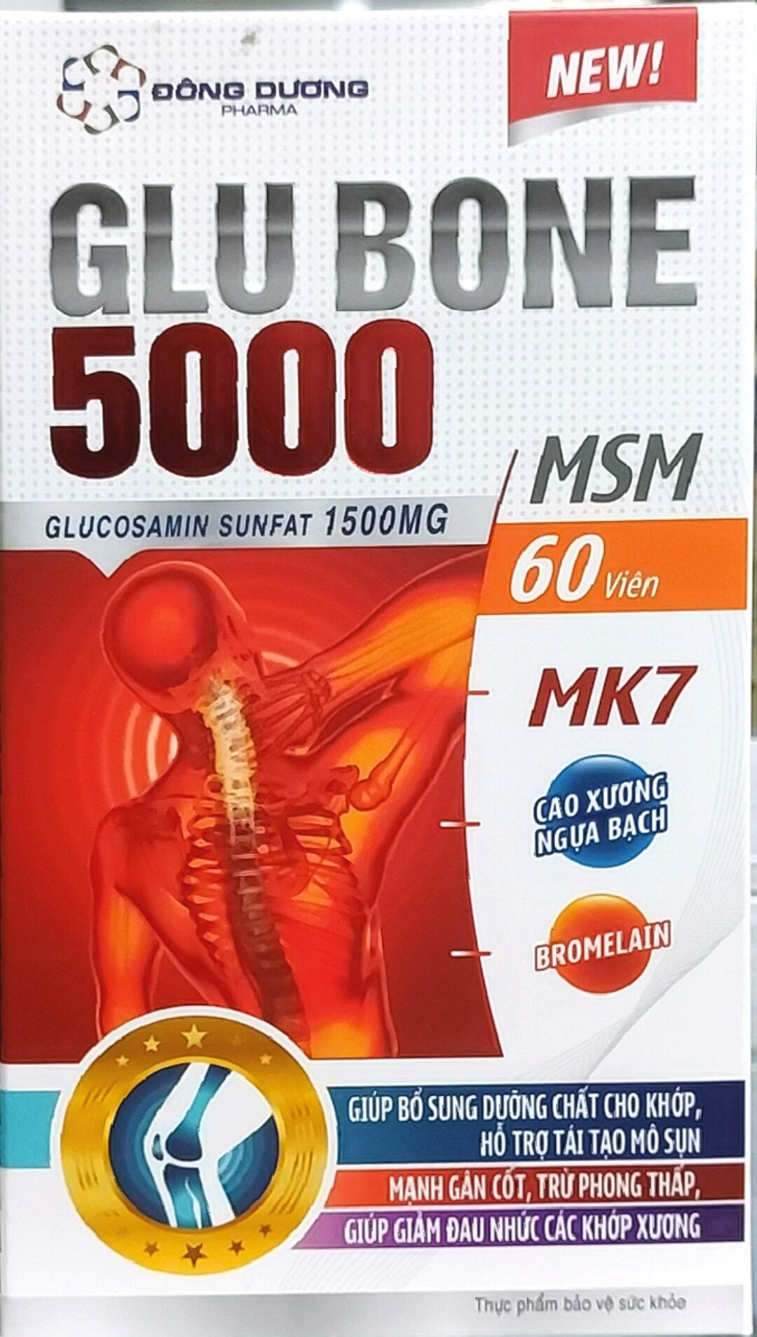 GLU BONE 5000, Bổ sung dưỡng chất cho khớp, hỗ trợ tái tạo mô sụn, mạnh gân cốt, trừ phong thấp, giúp giảm đau các khớp xương. Hôp 60 viên