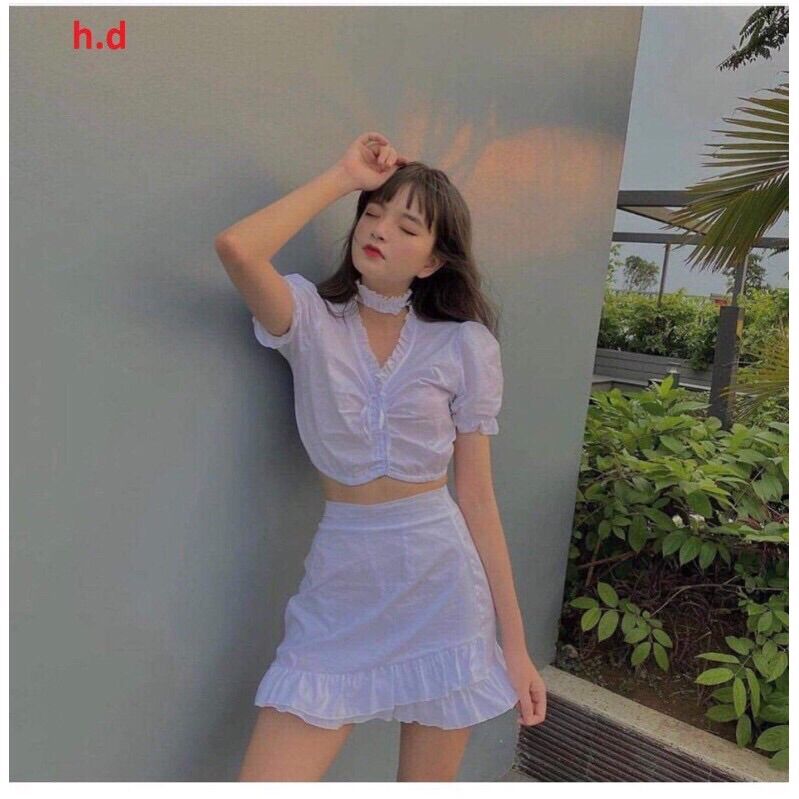 Sét áo cổ V+chân váy hai tầng lệch
