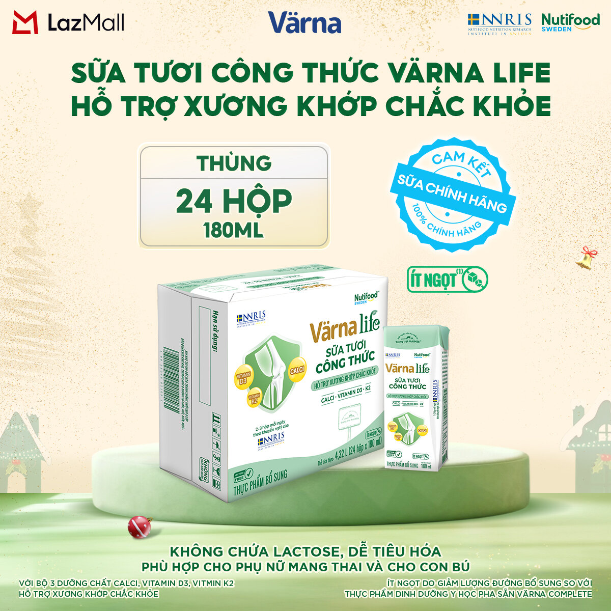 [ MUA 1 TẶNG 2 LỐC] Thùng 24 hộp Varna Life sữa tươi công thức hỗ trợ xương khớp chắc khỏe (Xanh) ( 24 hộp x 180ml)