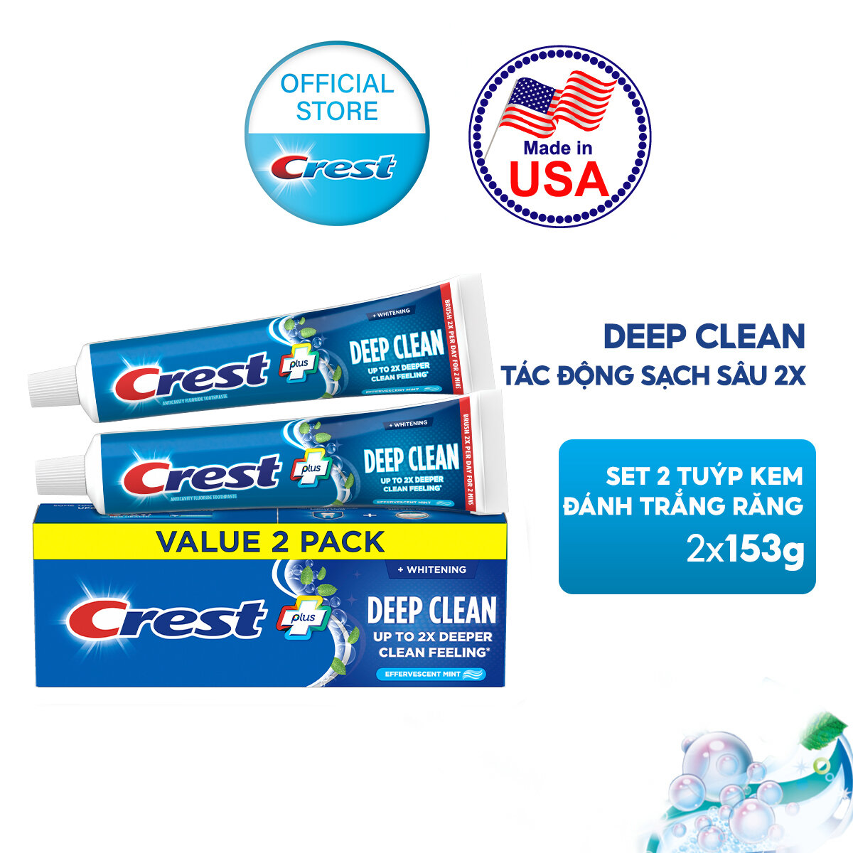 Hộp 2 Kem Đánh Răng CREST Nhập Khẩu Mỹ Làm Sạch Sâu Răng Trắng Sáng Complete Whitening + Deep Clean Tuýp 2x153g