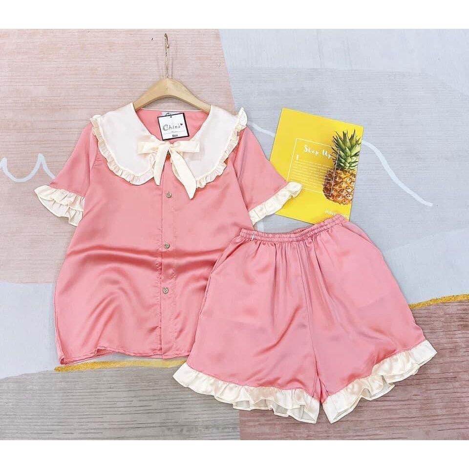 Đồ bộ pijama đùi, bộ đồ ngủ nữ mặc nhà cộc tay cổ bèo dễ thương chất liệu kate lụa