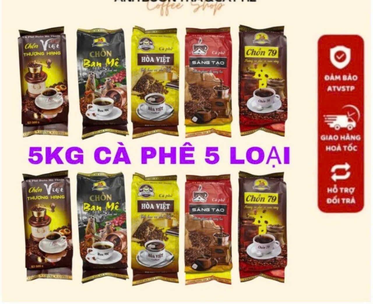 combo 5kg 5 loại cà phê, 1kg đen, 1kg 79, 1kg thương hang, 1kg sáng tạo,1kg nâu, 1kg đỏ