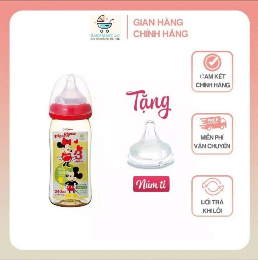 Bình sữa pigeon nội địa Nhật Bản, đủ size 160/240ml, tặng kèm 1 núm ti cho bé, được tự chọn size núm tặng