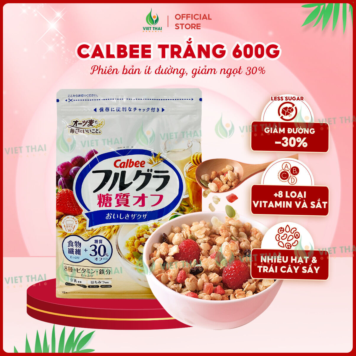 [MỚI T3/25] Ngũ Cốc Calbee Trắng Ít Đường Nội Địa Nhật Hoa Quả  Trái Cây Dùng Ăn Sáng - Ăn Kiêng Giảm Cân (Gói 600G) - Việt Thái Organic