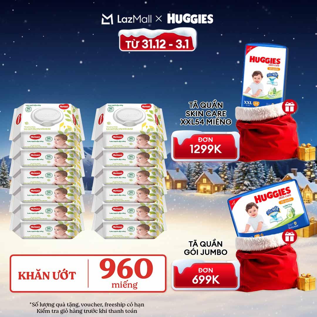   CHỈ 20h 31.12-03.01 GIẢM THÊM 90K    Thùng khăn giấy ướt 12 gói Huggies 80 miếng không mùi 