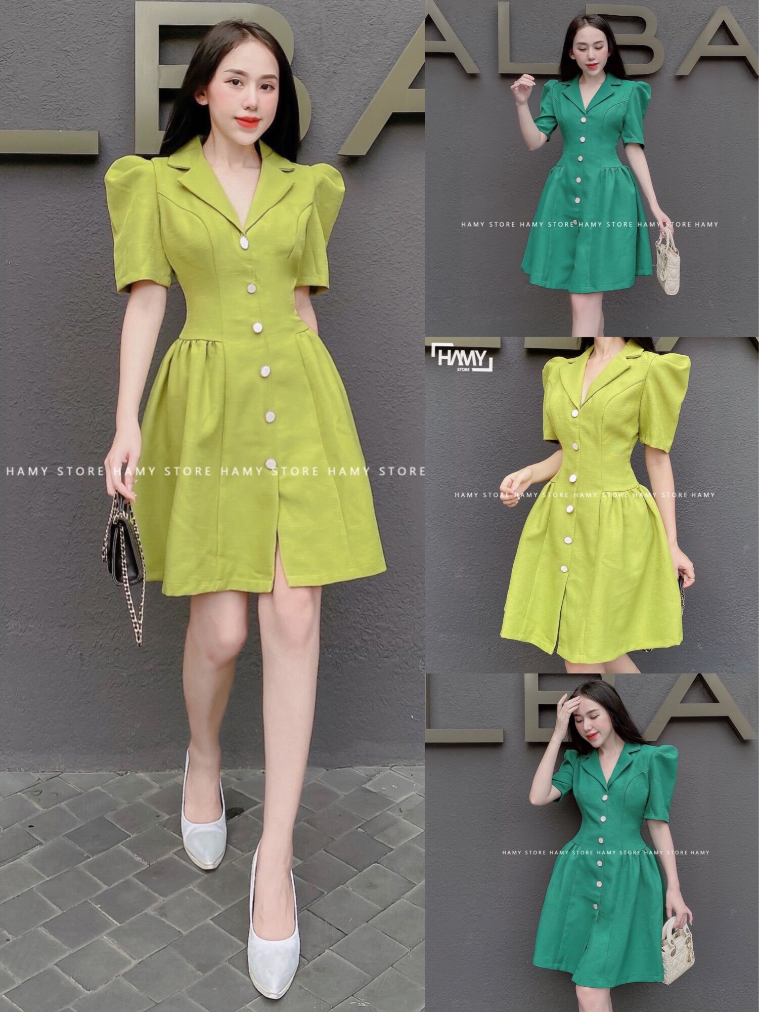 Đầm cổ vest nút