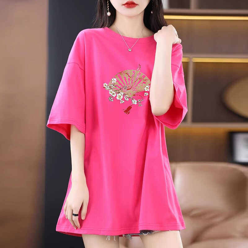 Áo Thun Nữ Tay Ngắn Phong Cách Trung Quốc, Áo Thun in Họa Tiết Mùa Hè, Cổ Tròn, Dài Vừa Phải, Thường Ngày, Tay Ngắn, Trung Tính
