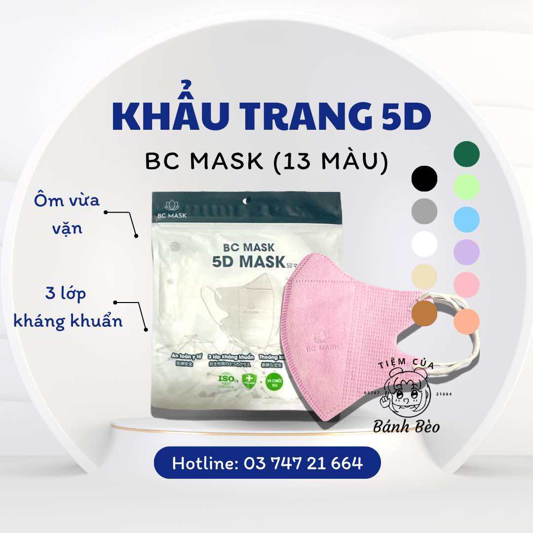 [Túi 10 cái] Khẩu trang 5D nhiều màu pastel nhạt hiệu Bảo Châu BC Mask 3 lớp phom ôm mặt | Tiệm Của Bánh Bèo