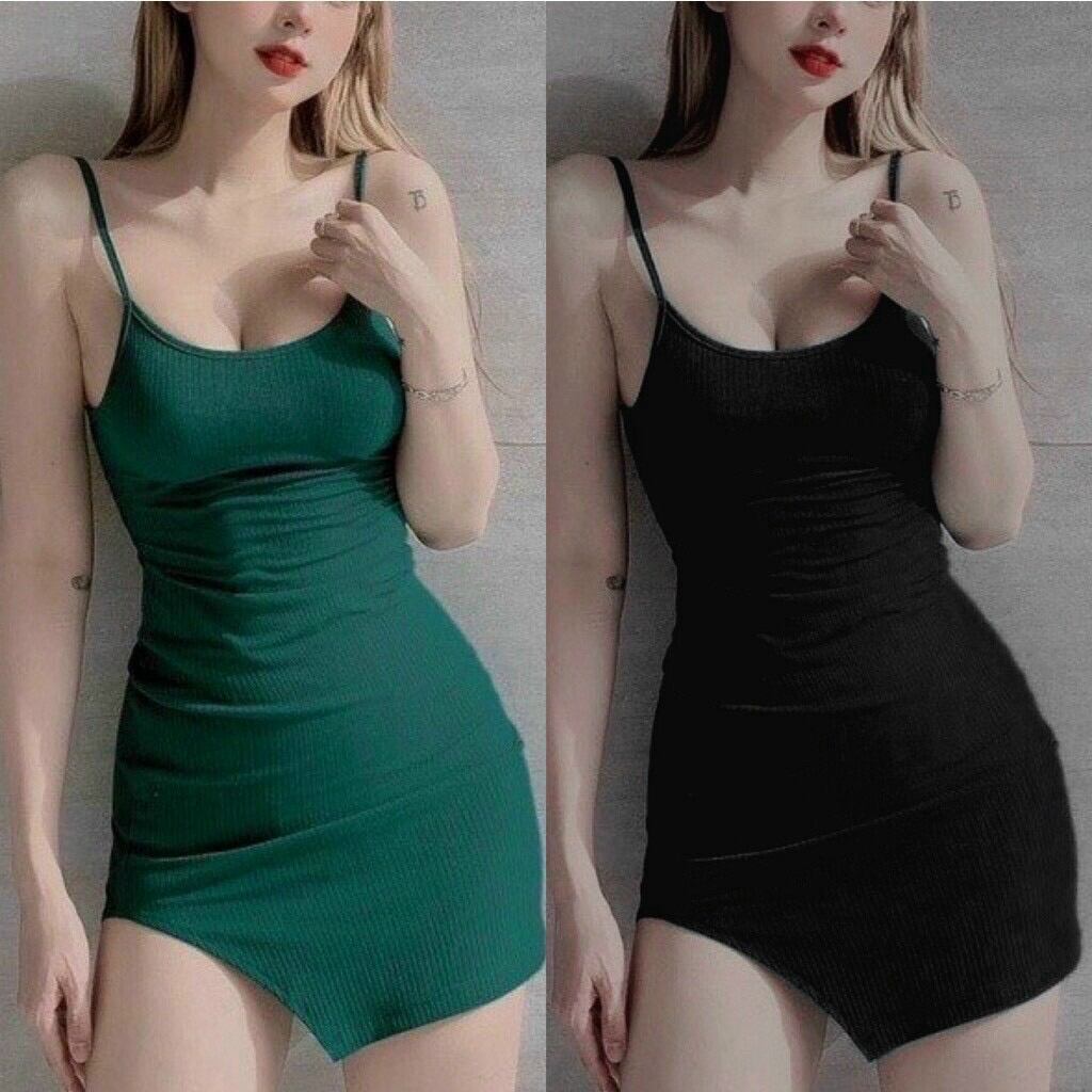 Đầm body 2 dây xẻ đùi sexy đầm đi chơi đầm ngủ nữ đen xanh
