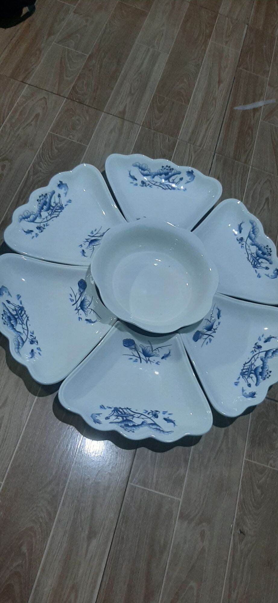 Bộ đĩa hoa mặt trời sứ Minh Châu hoa xanh, hàng loại 1