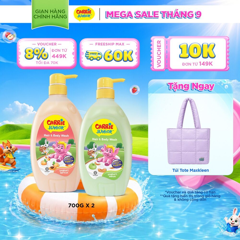 Combo 2 Chai Sữa Tắm Gội Cho Bé Carrie Junior chiết xuất trái cây thiên nhiên Yoghurt Hương Dưa Lưới + Hương Mơ Tây ( 700g x 2)