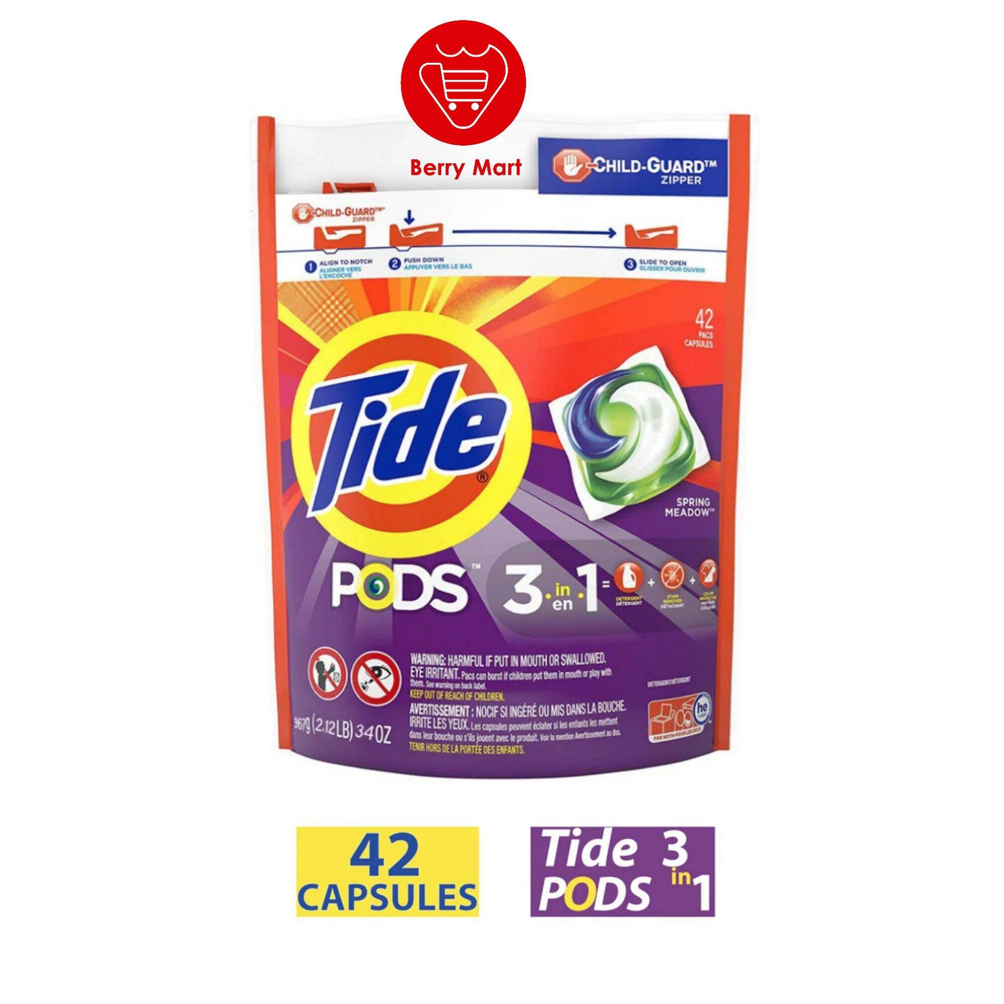 Viên giặt tide Pods 3 in 1 gói 42 viên | Viên giặt chính hãng Mỹ giúp giặt tẩy, đánh bật vết bẩn, làm trắng vượt trội | Berry Mart | BR185