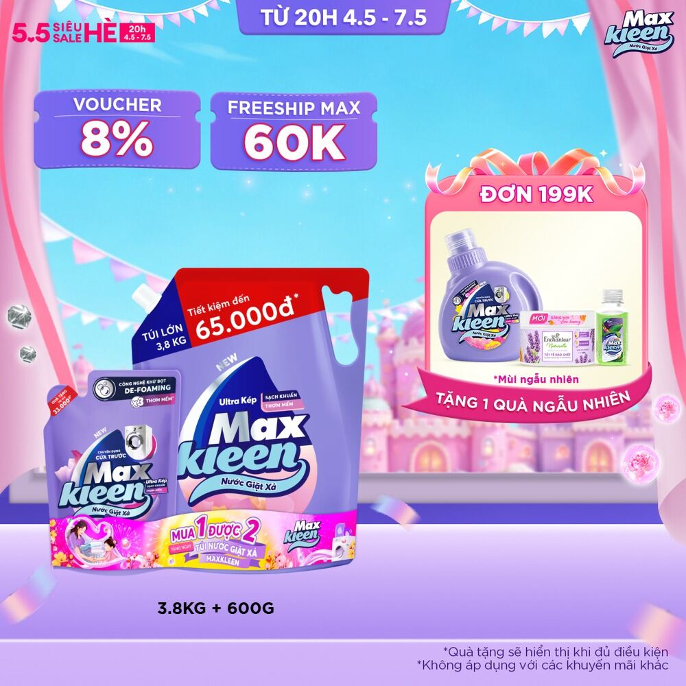 Combo Nước giặt xả MaxKleen Hương Hoa Nắng: 1 Túi 3.8kg + 1 Túi 600g