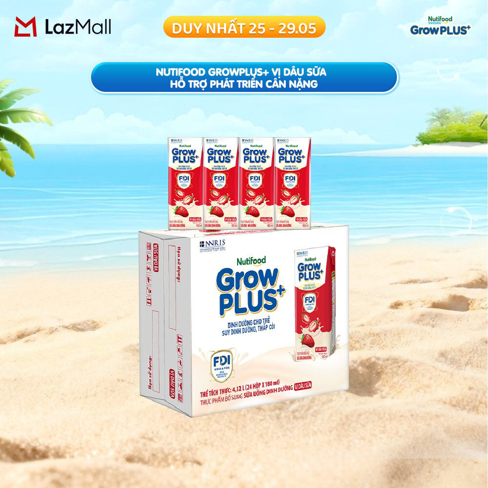 Thùng 24 hộp Sữa bột pha sẵn Nutifood GrowPLUS+ Vị Dâu Sữa hộp 180ml - Hỗ trợ phát triển cân nặng (24 hộp x 180ml)