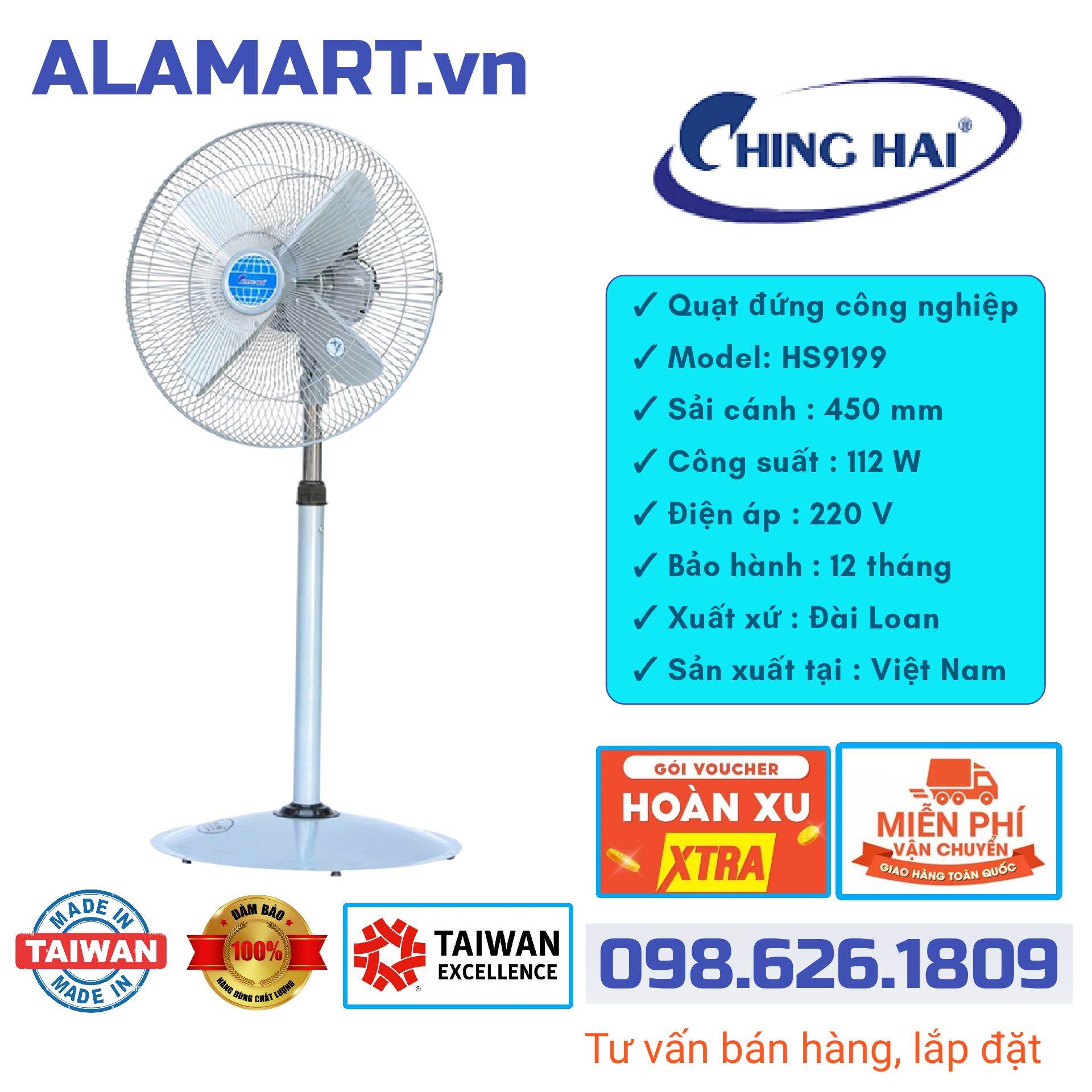 Quạt đứng công nghiệp Chinghai HS-9299, Cánh 50cm, Trắng Bạc