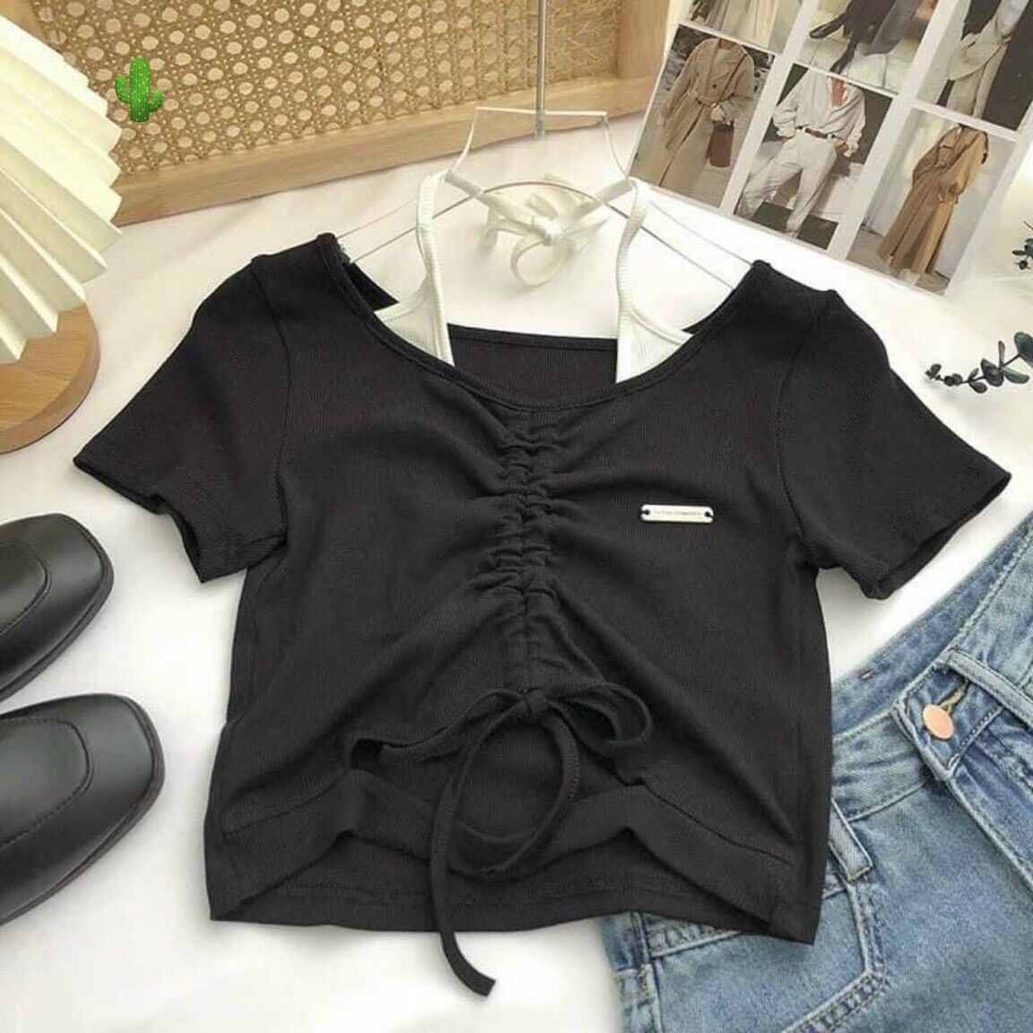 Áo croptop rút dây có dây yếm eo cực chất