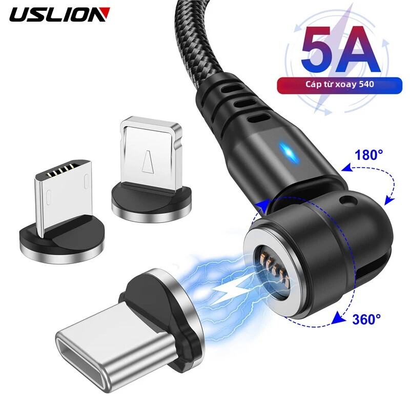 Cáp Sạc Từ Tính 3 Trong 1 USLION 540 °   Xoay 5A Sạc Nhanh Micro USB/Type C/Lightning Tương Thích Cho iPhone/Xiaomi - Dây Sạc USB