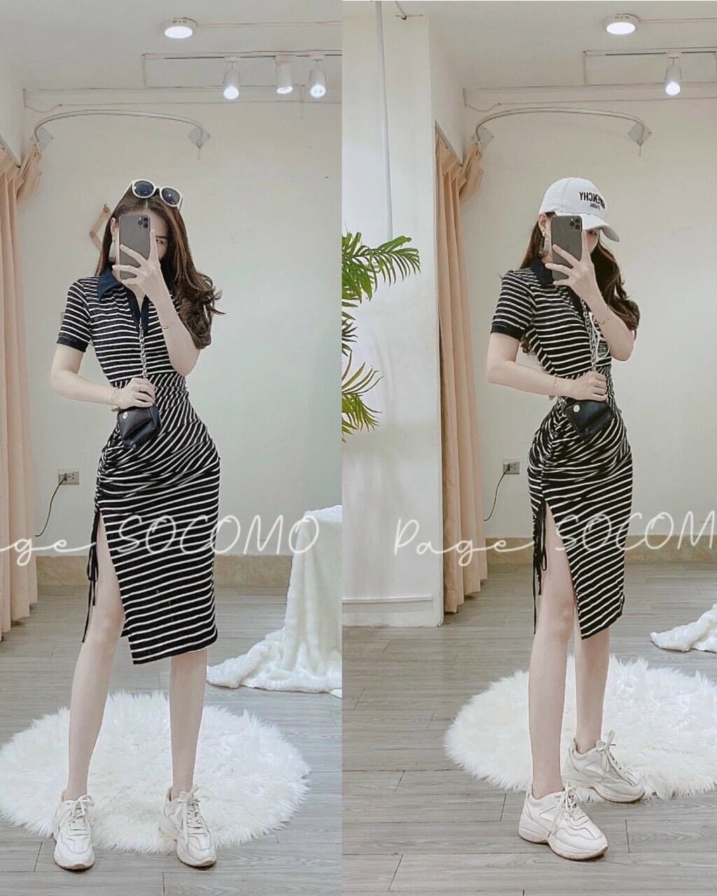 Đầm body rút dây một bên xẻ tà cổ trụ from dưới 50kg