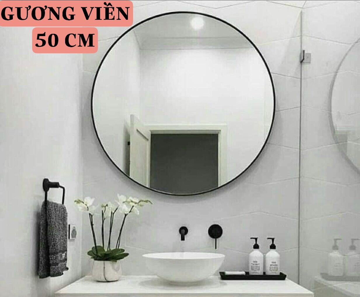 Gương Tròn 50CM  khung viền đen decor hợp kim Nhôm cao cấp siêu bền