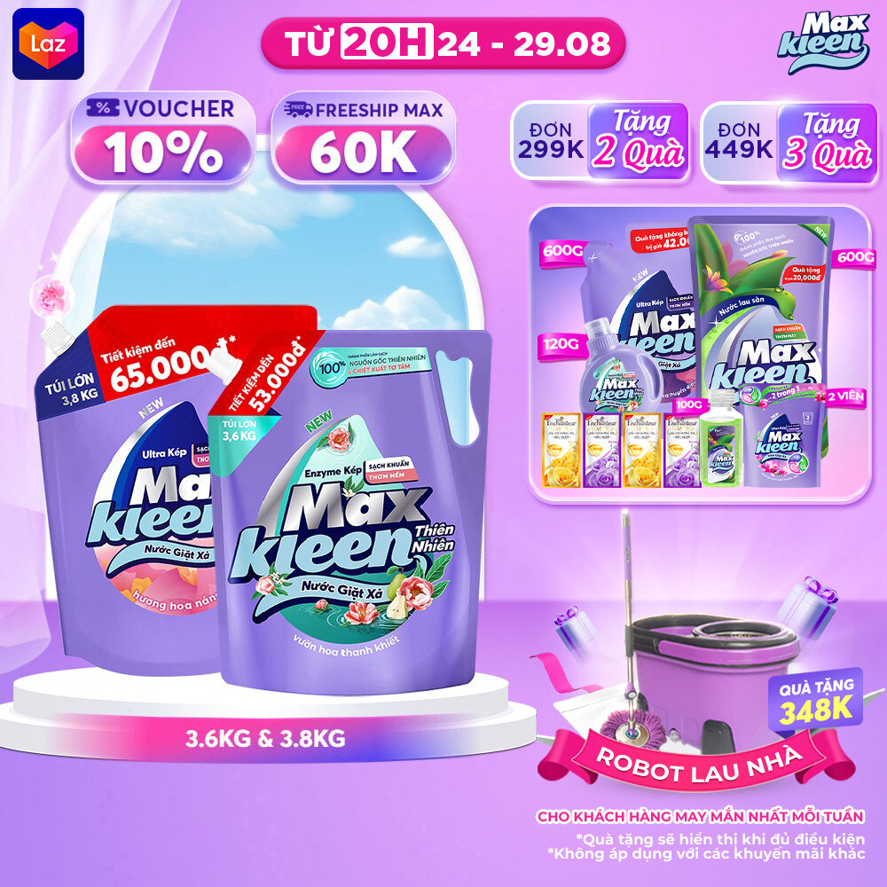Combo túi nước giặt xả maxkleen thiên nhiên 3.6kg & túi 3.8kg