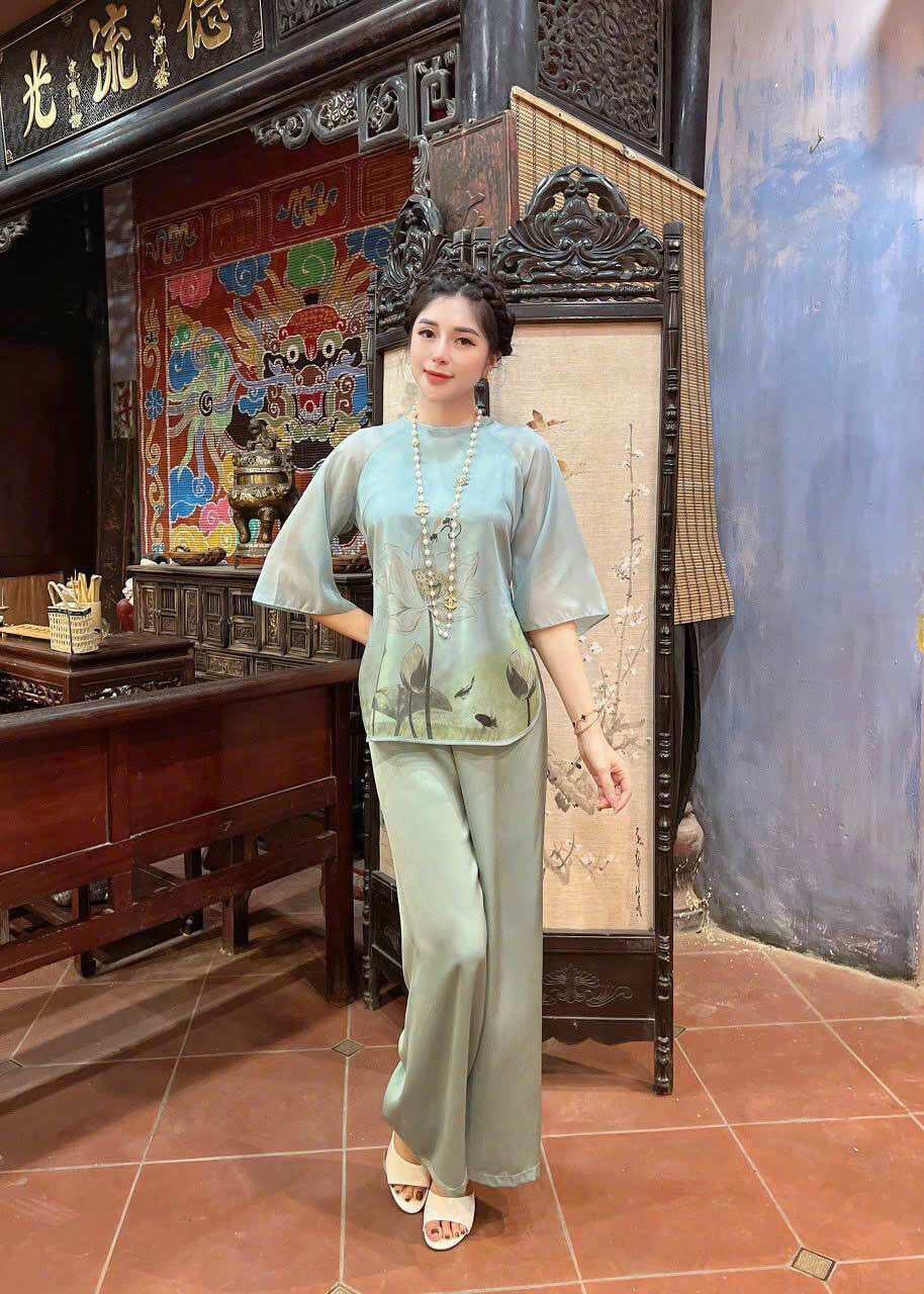 Đồ Lam Đi Chùa Mẫu Mới . [ HOA SEN VẼ 3D Xuất Sắc ] Đồ Lam Đi Chùa Cao Cấp