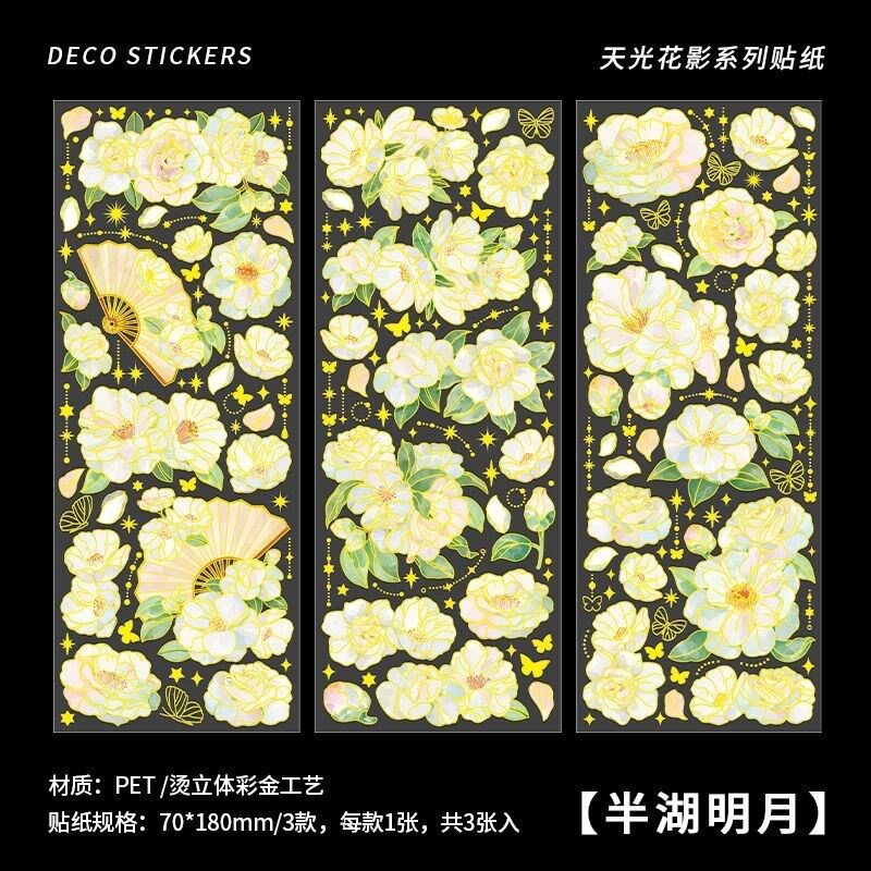 Set 3 tờ sticker hình hoa mạ vàng nhiều màu dùng để trang trí