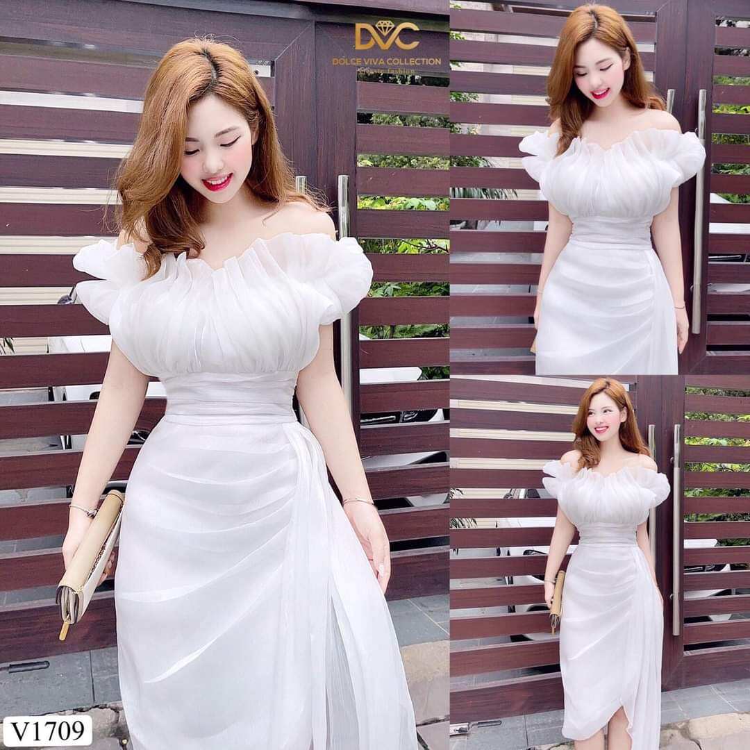 V1709 Váy trắng trần vai