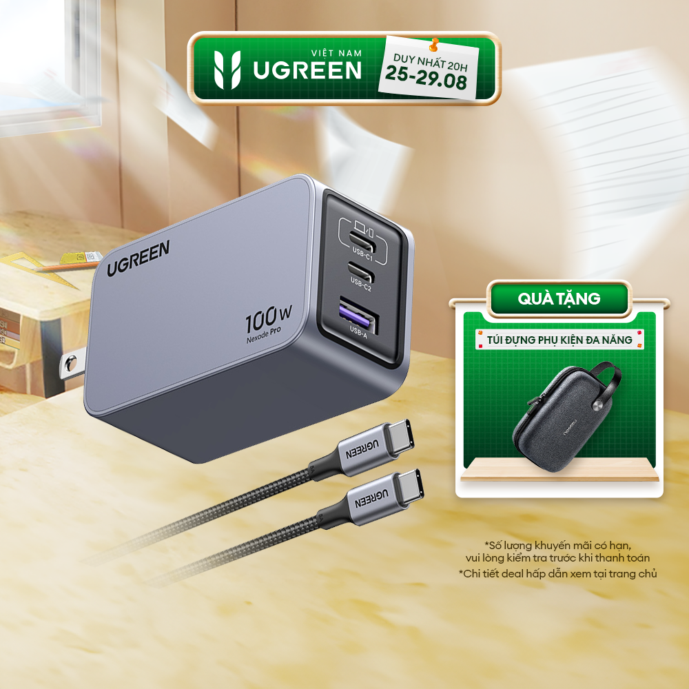 Bộ sạc nhanh ugreen 100w nexode gan pro x757 | 3 cổng sạc usb-c/usb-a | kèm cáp sạc nhanh type-c 100w 1.5m | bảo hành 18 tháng | 25873