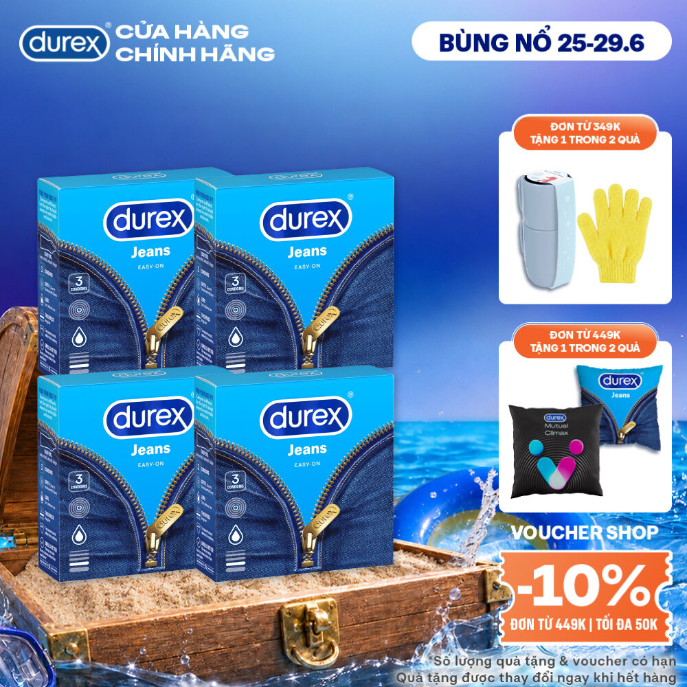 Bộ 4 hộp bao cao su Durex Jeans cơ bản (52.5mm, 3 bao/hộp)