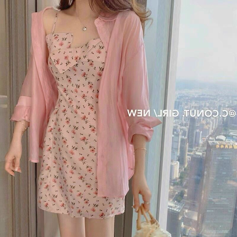 Set đầm 2 dây hoa kèm áo khoác sơ mi