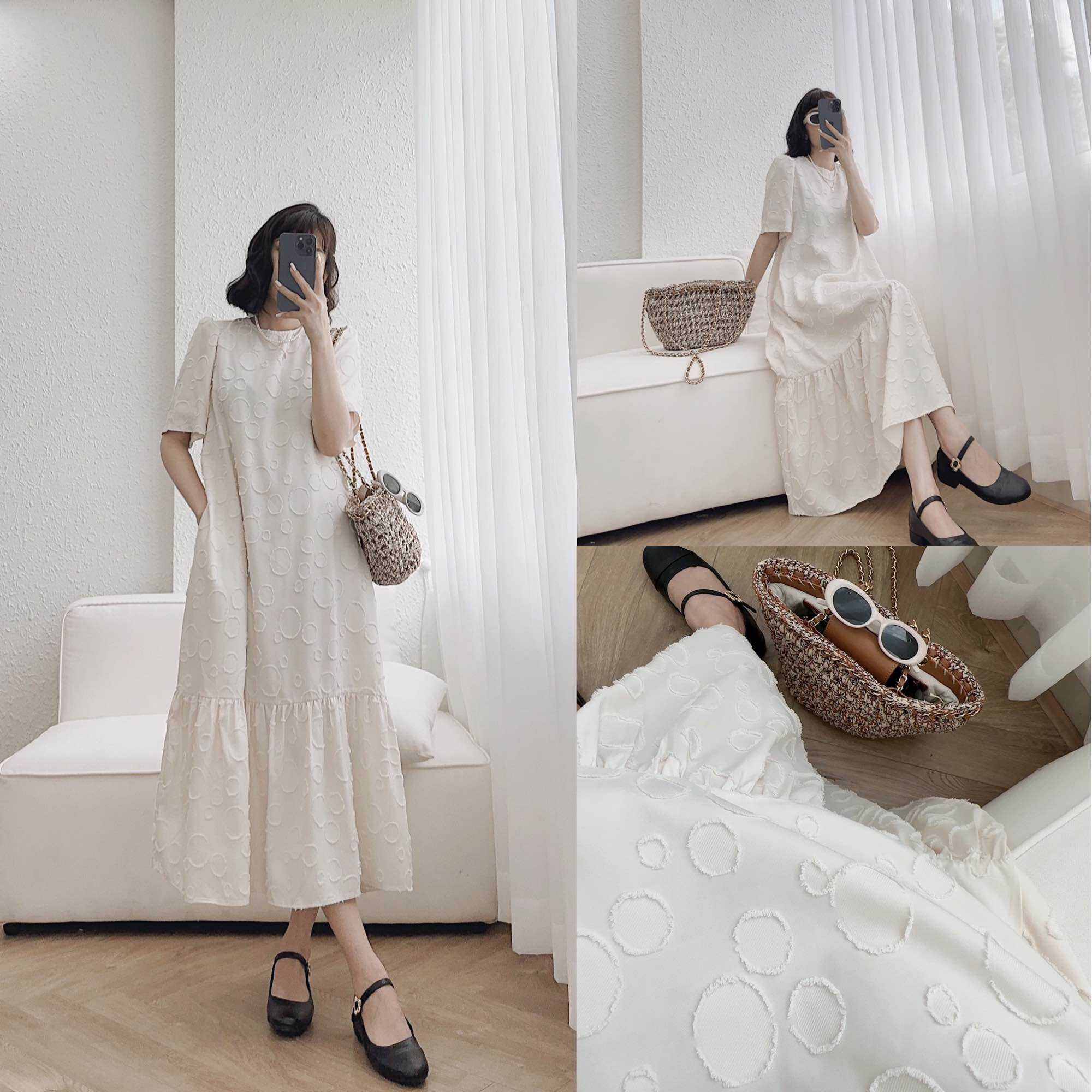 Váy gấm tafta dáng đuôi cá hoạ tiết bóng nổi, váy gấm tafta dáng dài phom suông basic phong cách nữ tính nhẹ nhàng