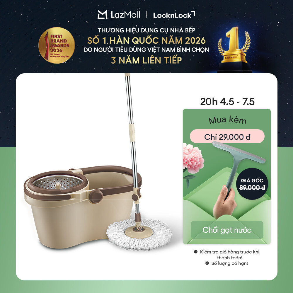 Bộ cây lau nhà vắt 360 độ LockLock Compact Spin Mop - ETM466 - Màu nâu - Thép không gỉ - Hàng chính hãng