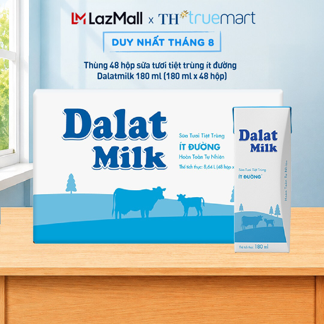 Thùng 48 hộp sữa tươi tiệt trùng Dalatmilk ít đường 180 ml (180 ml x 48)