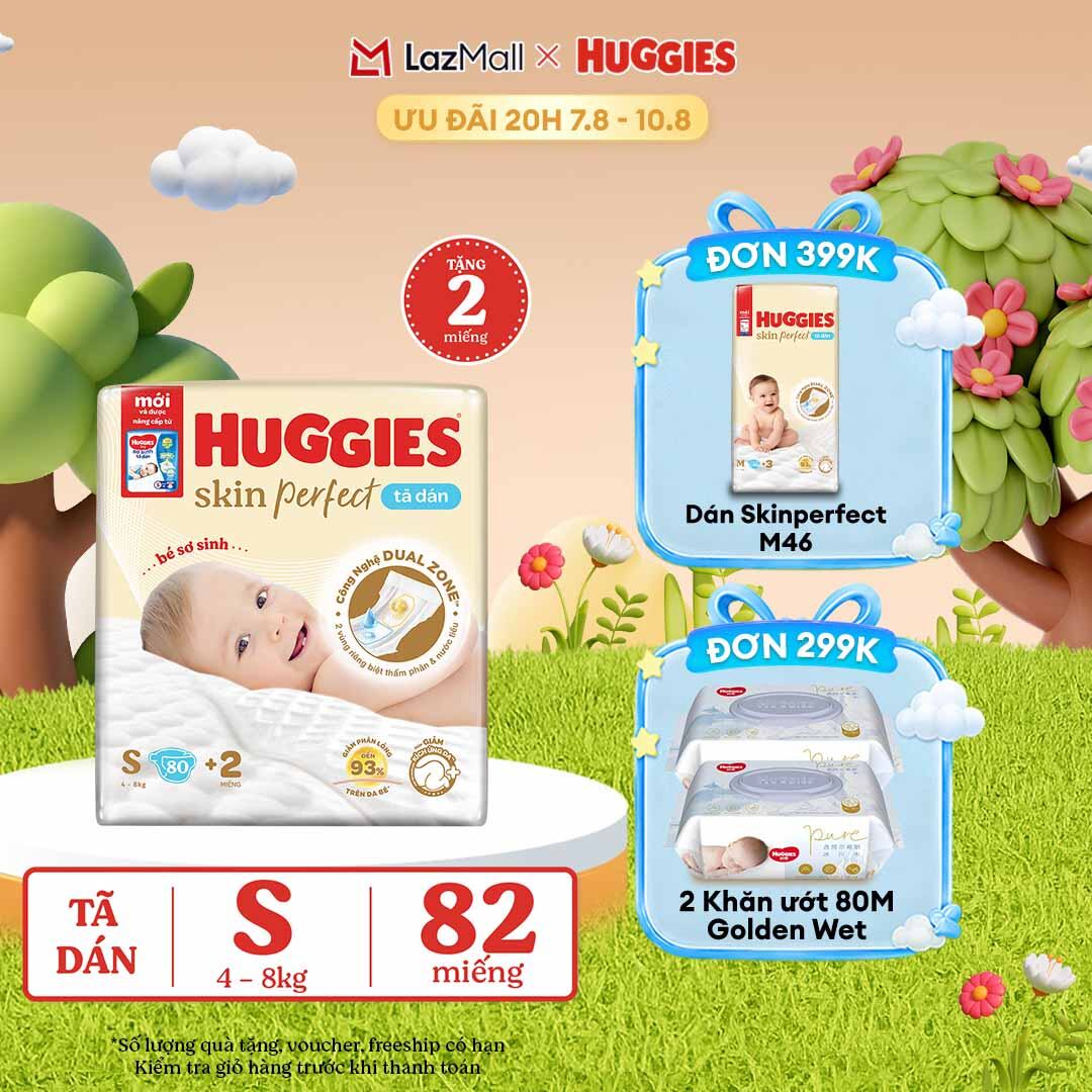 [20h 7-10.8 QUÀ TẶNG ĐƠN 0Đ] Tã/Bỉm dán sơ sinh Huggies Skin Perfect S80 - 80+2 miếng
