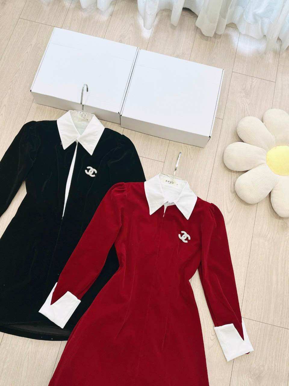 Váy nhung phối cổ sơ mi thiết kế cao cấp