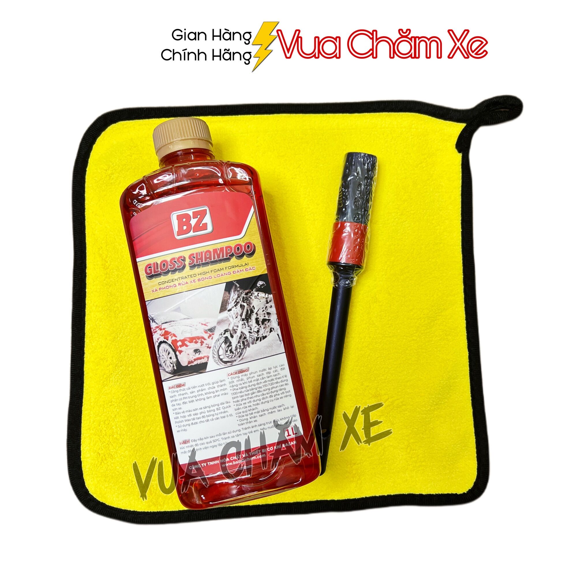 Combo 3 món rửa xe: nước rửa xe bz 1lit + khăn lau xe + cọ heo