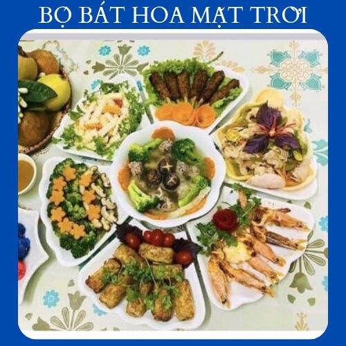 Bộ bát đĩa hoa mặt trời, trắng trơn.