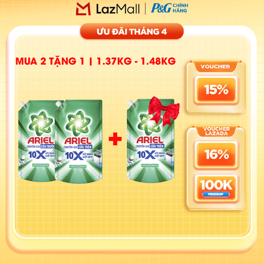 [MUA 2 TẶNG 1] Combo 3 Nước Giặt Gel ARIEL 10X Sức Mạnh Giặt Sạch Chuyên Gia Cửa Trước-Cửa Trên Hương Downy Nắng Sớm Túi1.37KG/1.48KG