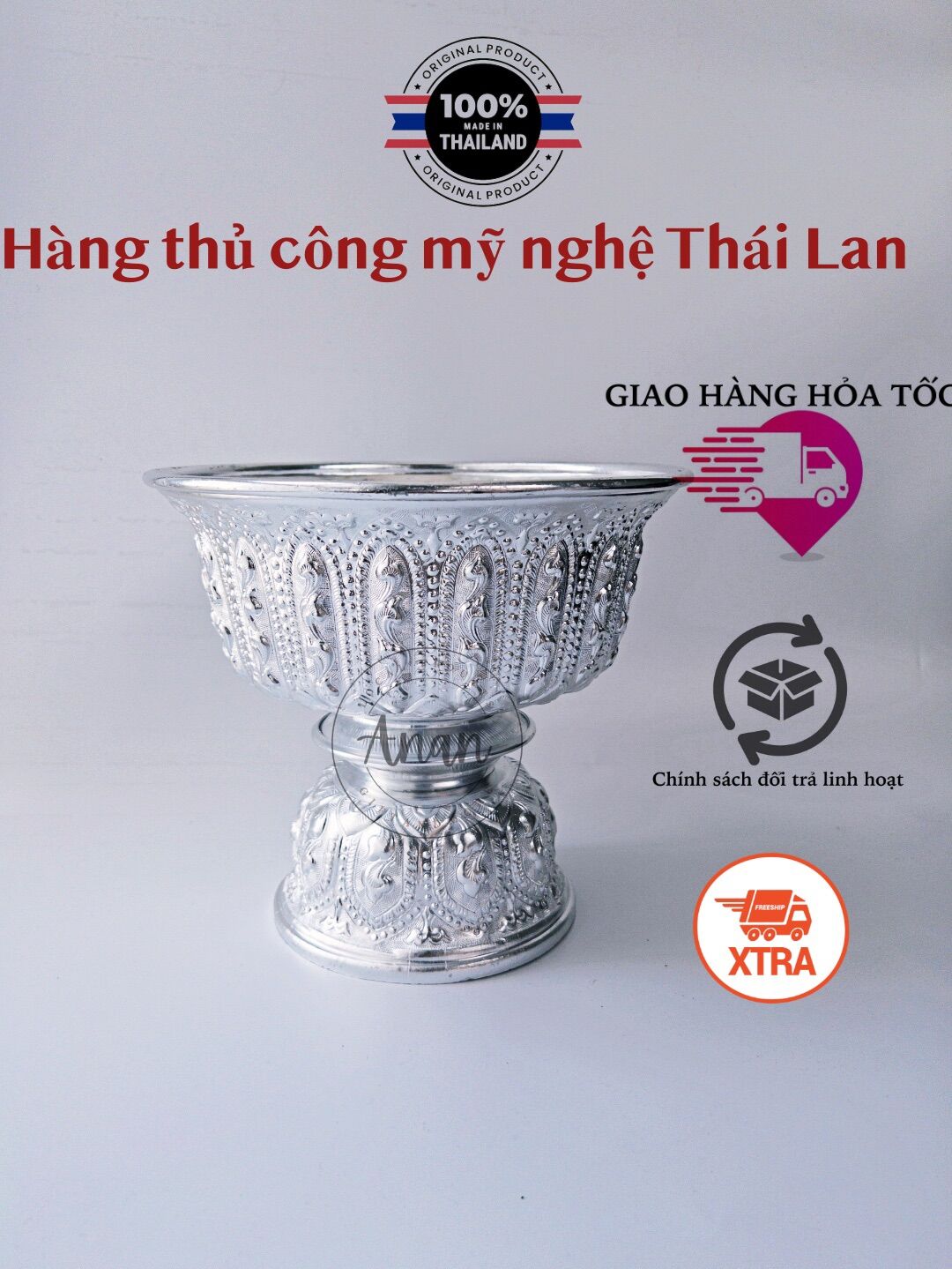 Thố trưng có đế, trưng bày đồ cúng, lễ vậy, cắm hoa nhôm mạ bạc chạm khắc hoa văn Thái Lan