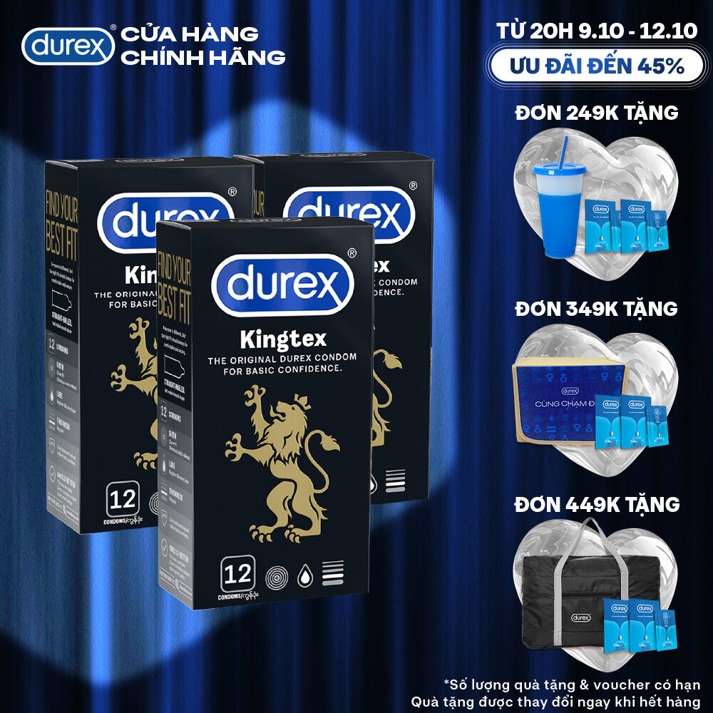 [TỪ 20H | 9-12.10 VOUCHER GIẢM THÊM 8%] Bộ 3 hộp bao cao su Durex Kingtex ôm sát, bôi trơn (size 49mm, 12 bao/hộp)