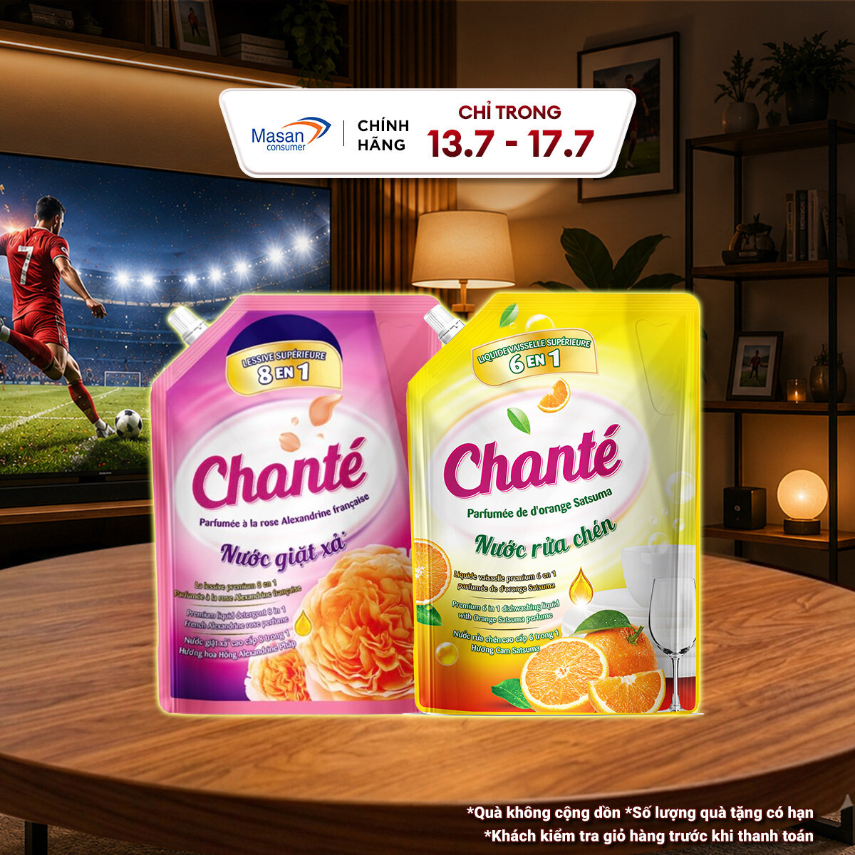 Combo 1 Túi Nước giặt xả Chanté Cao Cấp 8 Trong 1 3.05kg và 1 Túi Nước rửa chén Chanté 3.2kg
